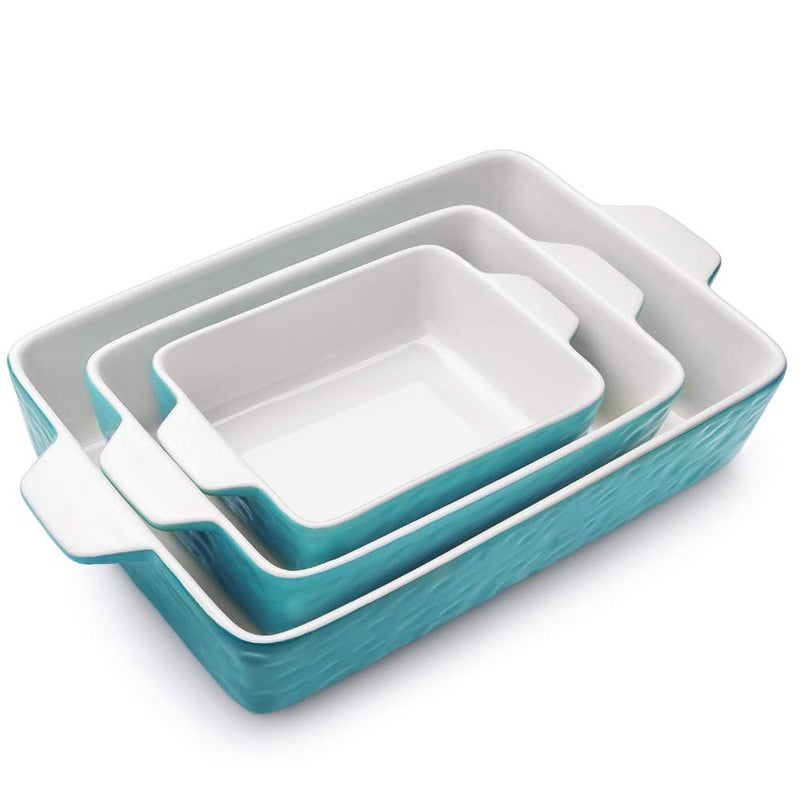 Krokori Casserole Dishes for Oven, Ceramic Baking Dishes, Lasagna Pan with Handles, Porcelain Baking Pan Deep, Bakeware for Baking, Cooking, Wedding Gift, Set of 3 (11.6" x 7.8", Aquamarine) - Image 1